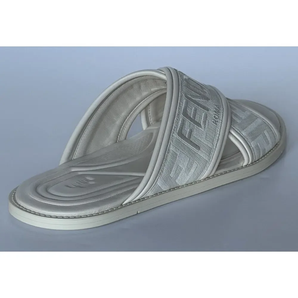 Fendi Men's FF Leather/Fabric Ivory Slide Sandals 12 US/11 UK IT 7X1548 NIB $730